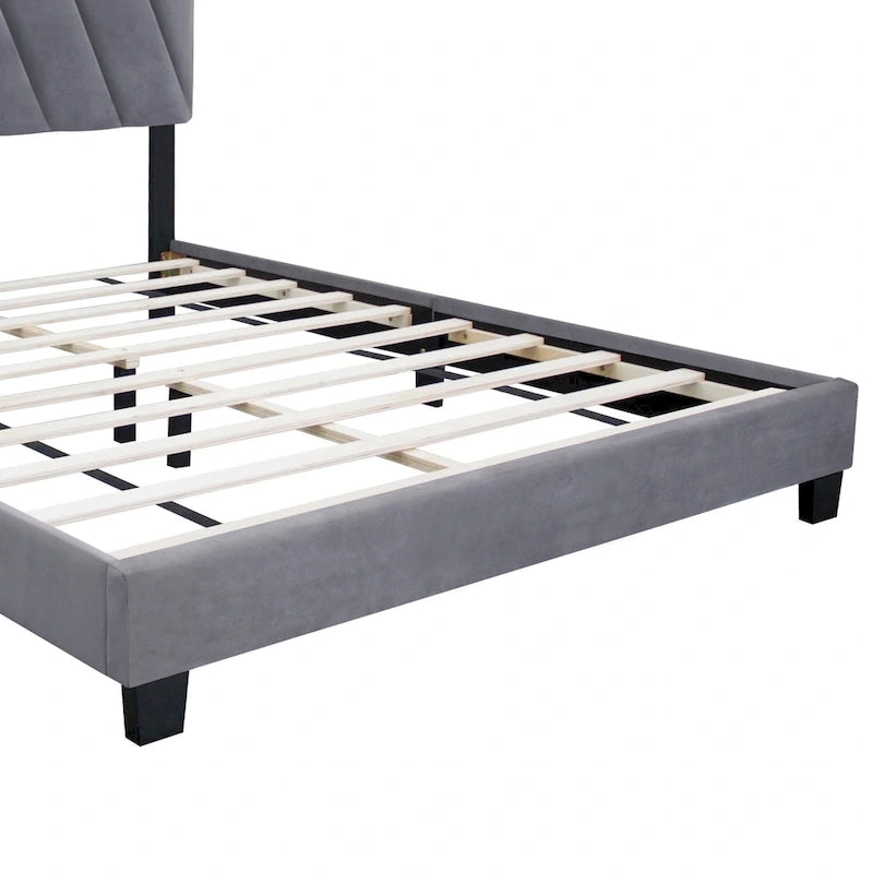 Lit plateforme Queen en velours gris avec tête de lit capitonnée à rainures réglable
