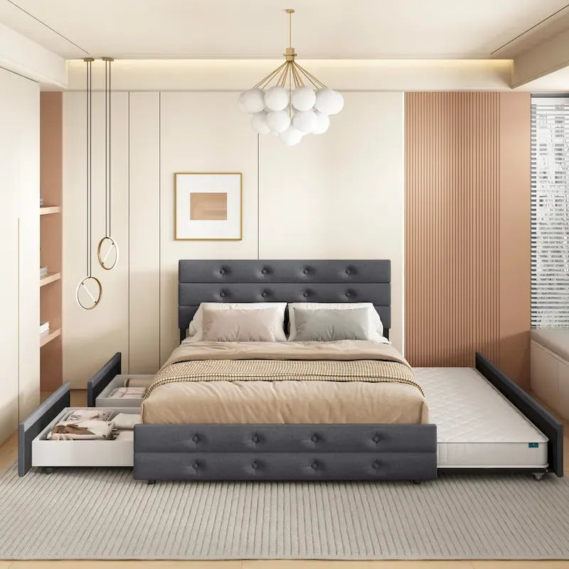 Queen Size Linen Button Tufted Platform Bed Frame with 2 Storage Drawers & Trundle