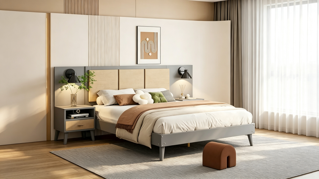 Lit plateforme gris grand format avec tête de lit capitonnée et pieds en bois