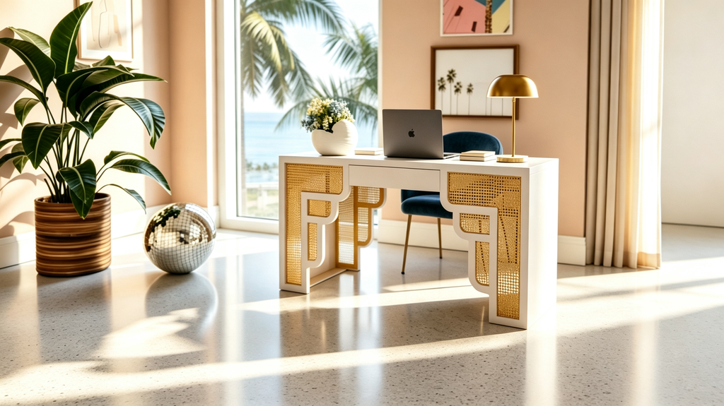 Bureau de style Art Déco en bois crème et rotin à tiroir unique
