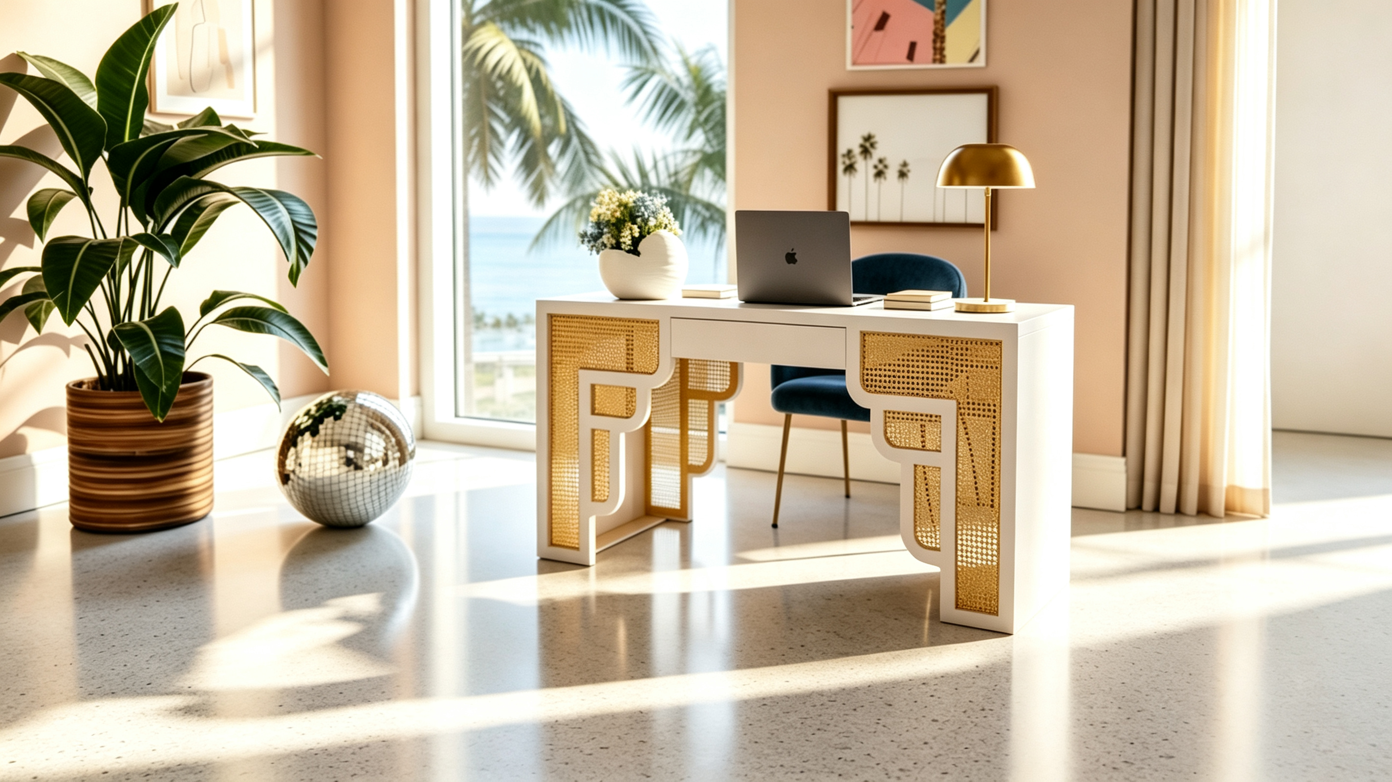 Bureau de style Art Déco en bois crème et rotin à tiroir unique