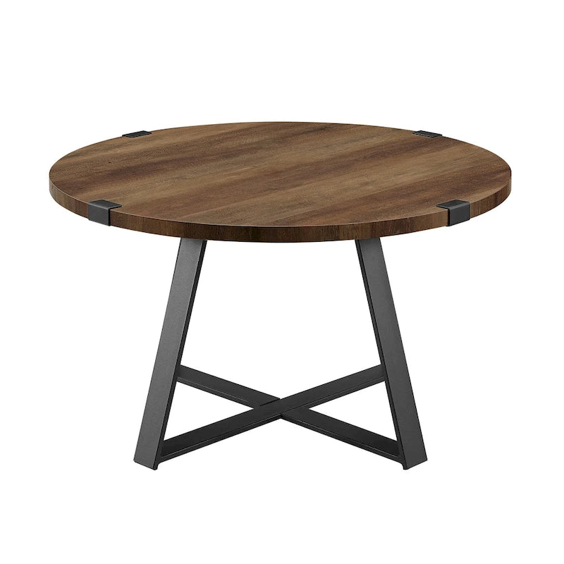 Table basse ronde industrielle avec plateau aspect bois et piètement en X en métal