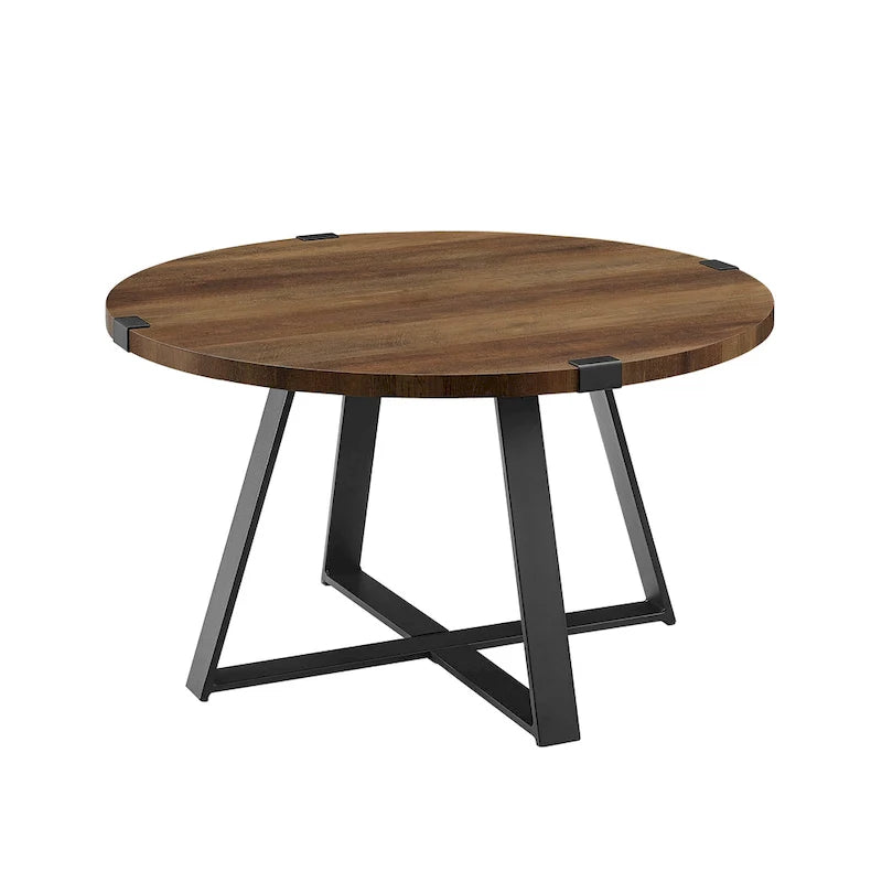 Table basse ronde industrielle avec plateau aspect bois et piètement en X en métal