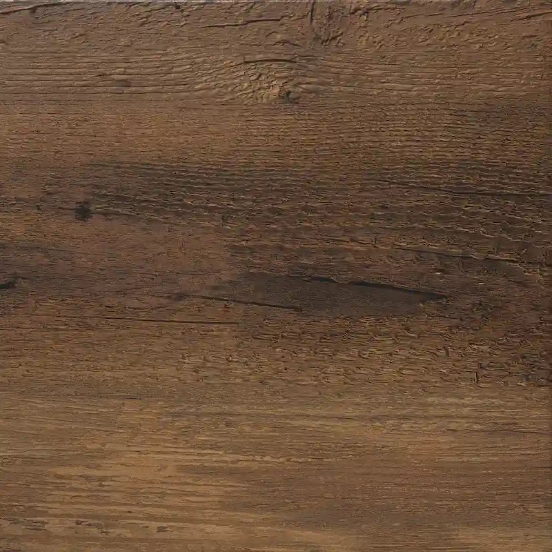 Table basse ronde industrielle avec plateau aspect bois et piètement en X en métal