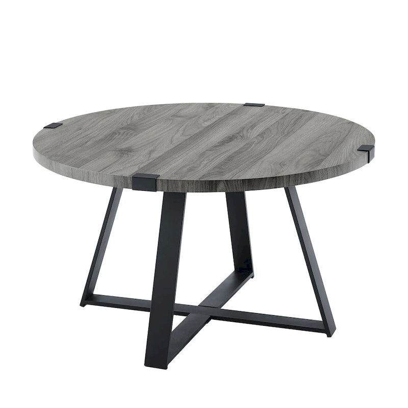 Table basse ronde industrielle avec plateau aspect bois et piètement en X en métal