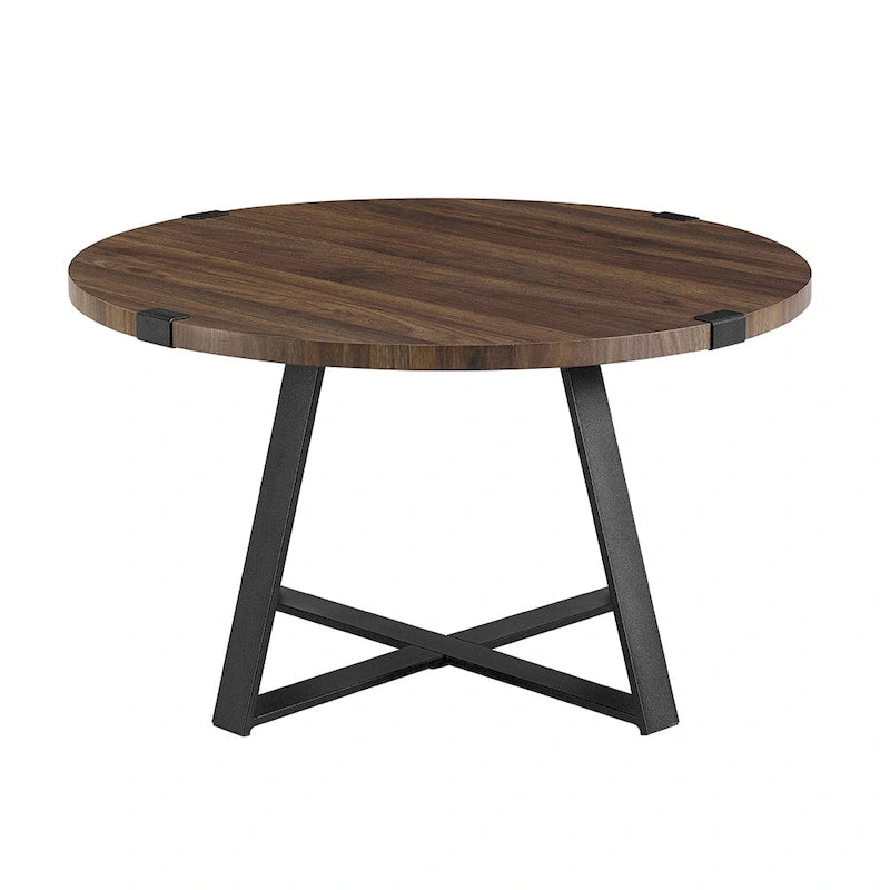 Table basse ronde industrielle avec plateau aspect bois et piètement en X en métal