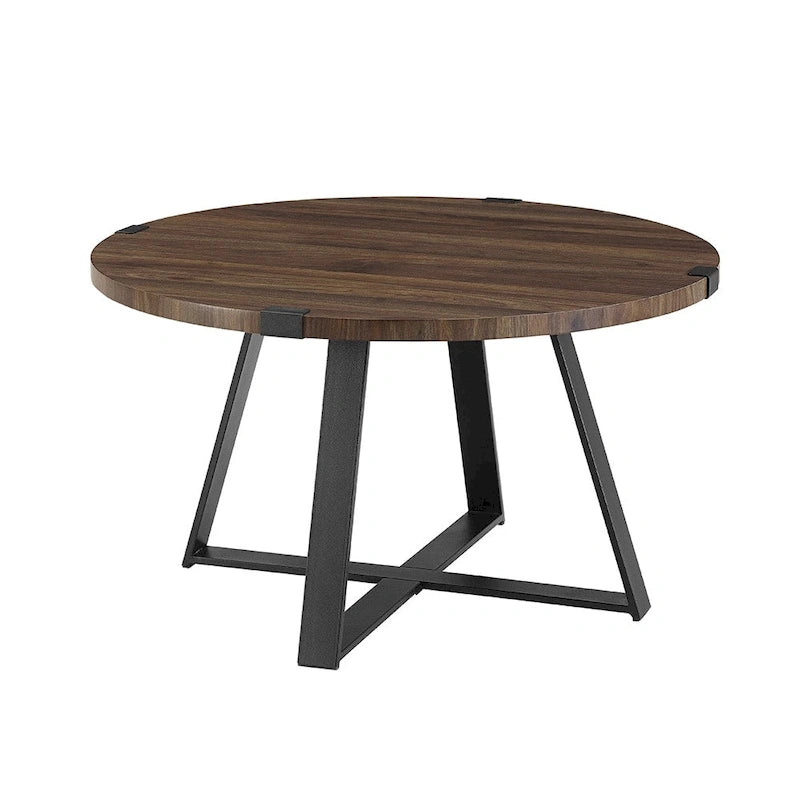 Table basse ronde industrielle avec plateau aspect bois et piètement en X en métal