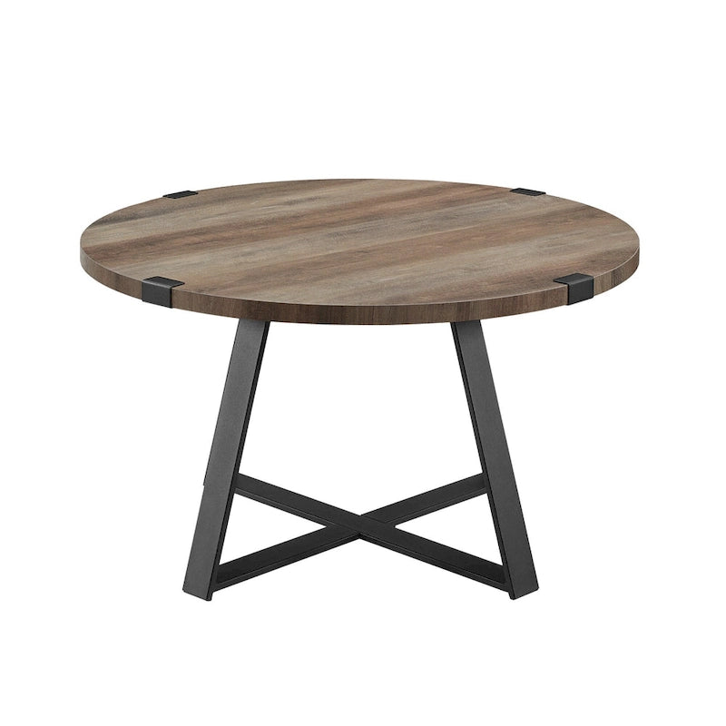 Table basse ronde industrielle avec plateau aspect bois et piètement en X en métal