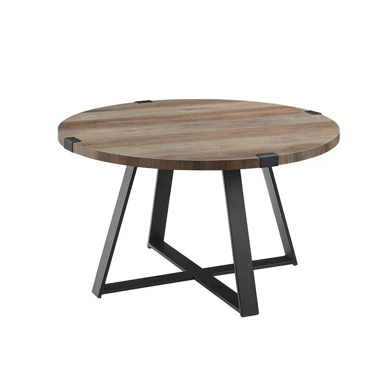 Table basse ronde industrielle avec plateau aspect bois et piètement en X en métal