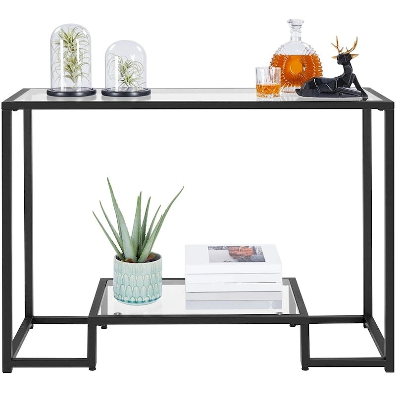 Console moderne en verre trempé avec étagère de rangement à 2 niveaux Noir