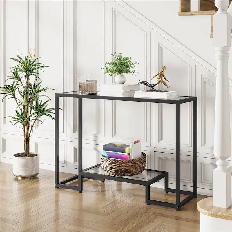 Console moderne en verre trempé avec étagère de rangement à 2 niveaux Noir