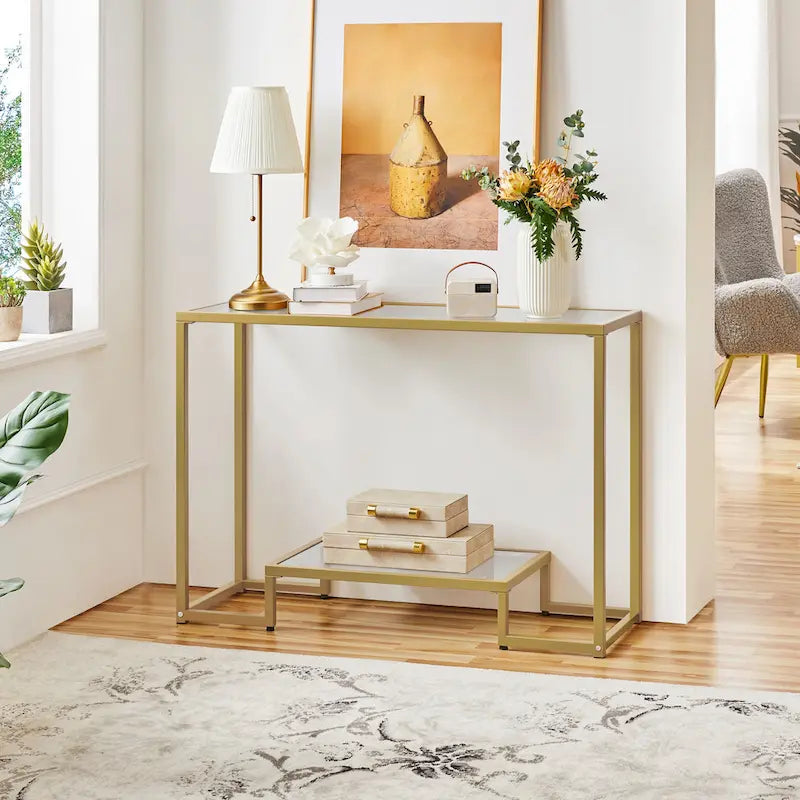 Console moderne en verre trempé avec étagère de rangement à 2 niveaux Noir