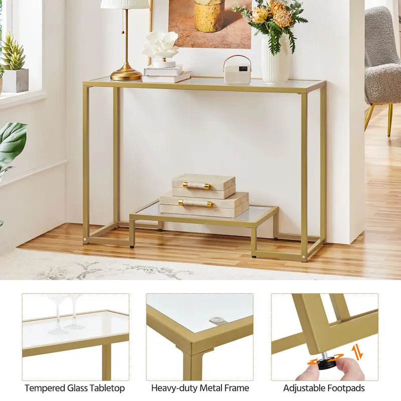Console moderne en verre trempé avec étagère de rangement à 2 niveaux Noir