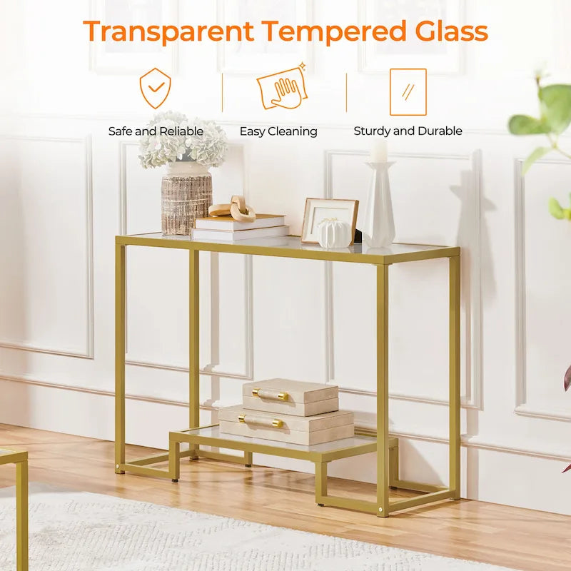 Console moderne en verre trempé avec étagère de rangement à 2 niveaux Noir