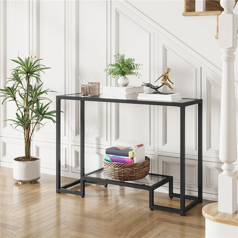 Console moderne en verre trempé avec étagère de rangement à 2 niveaux Noir