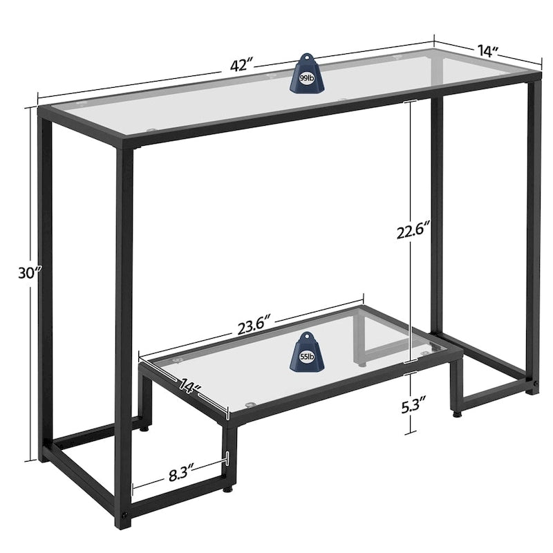 Console moderne en verre trempé avec étagère de rangement à 2 niveaux Noir