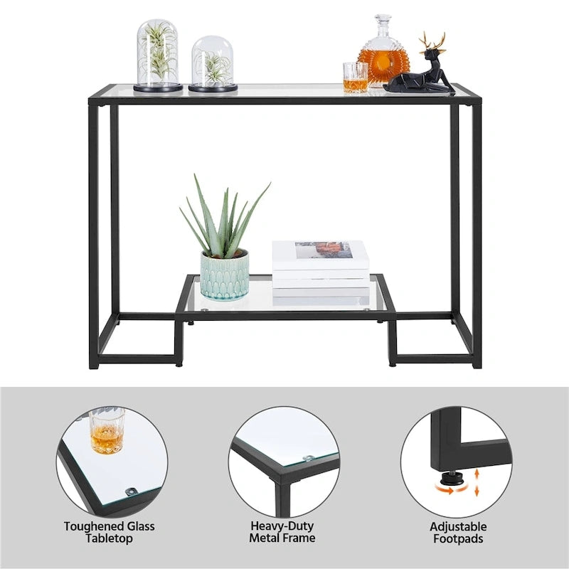 Console moderne en verre trempé avec étagère de rangement à 2 niveaux Noir