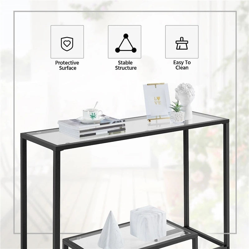 Console moderne en verre trempé avec étagère de rangement à 2 niveaux Noir