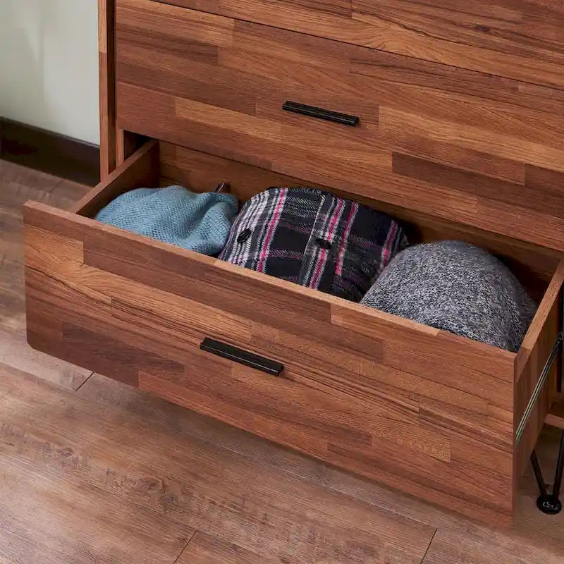 Commode à 5 tiroirs en noyer avec pieds en métal et glissières à billes