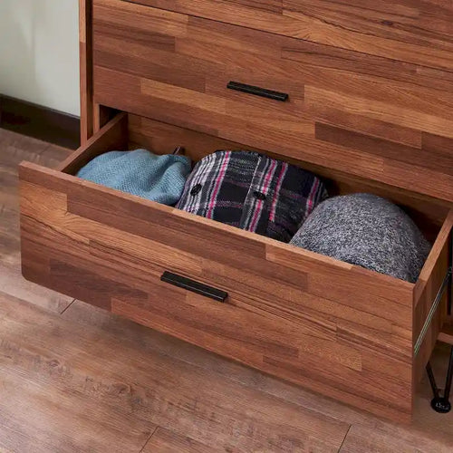 Commode à 5 tiroirs en noyer avec pieds en métal et glissières à billes