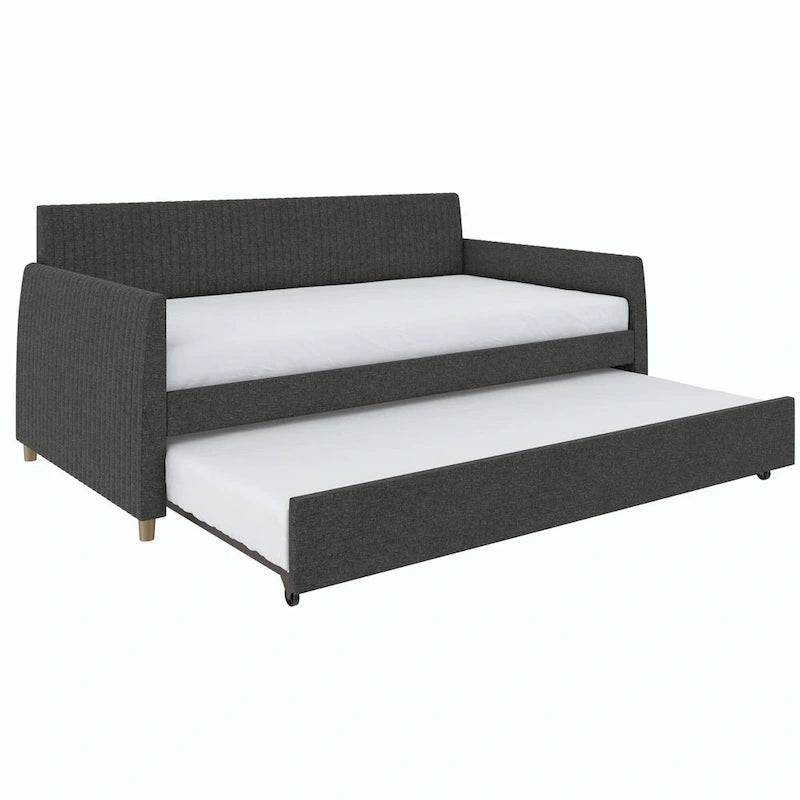 Lit de repos simple rembourré en velours bleu avec dossier capitonné et pieds en laiton
