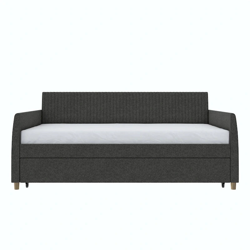 Lit de repos simple rembourré en velours bleu avec dossier capitonné et pieds en laiton