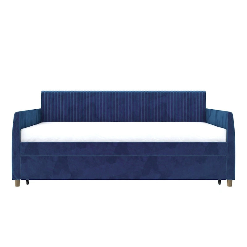 Lit de repos simple rembourré en velours bleu avec dossier capitonné et pieds en laiton