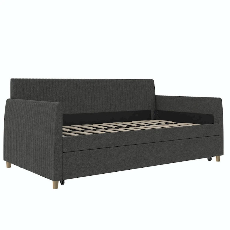Lit de repos simple rembourré en velours bleu avec dossier capitonné et pieds en laiton