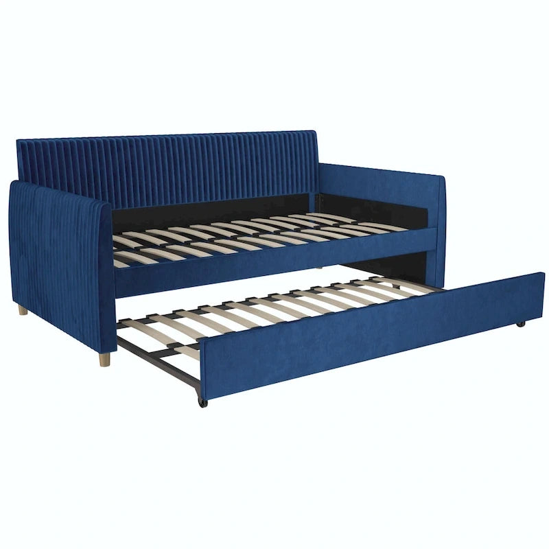 Lit de repos simple rembourré en velours bleu avec dossier capitonné et pieds en laiton