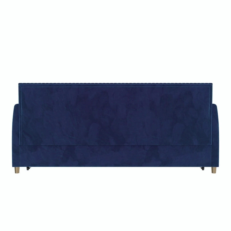 Lit de repos simple rembourré en velours bleu avec dossier capitonné et pieds en laiton