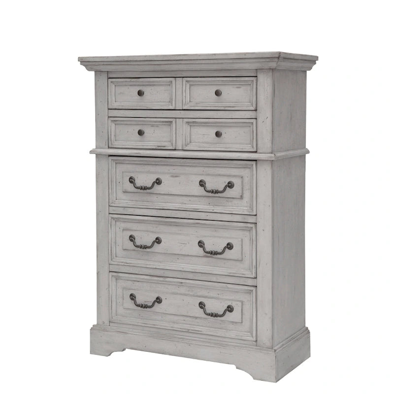 Commode rustique à 5 tiroirs avec poignées en métal martelé à la finition vieillie