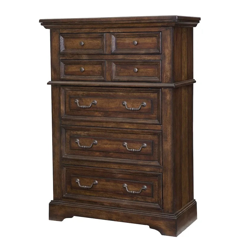 Commode rustique à 5 tiroirs avec poignées en métal martelé à la finition vieillie