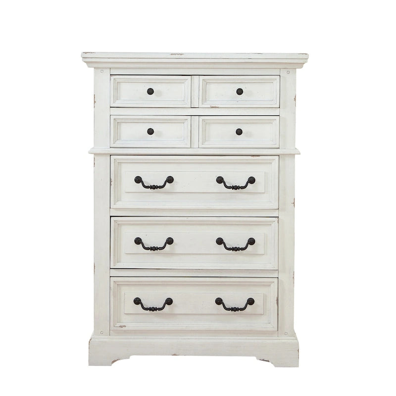 Commode rustique à 5 tiroirs avec poignées en métal martelé à la finition vieillie