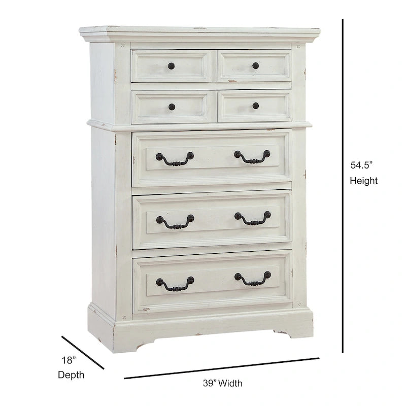Commode rustique à 5 tiroirs avec poignées en métal martelé à la finition vieillie
