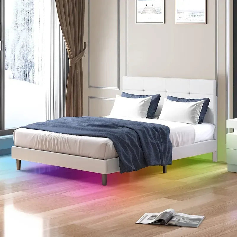 Cadre de lit plateforme LED RVB avec tête de lit capitonnée en PVC touffeté