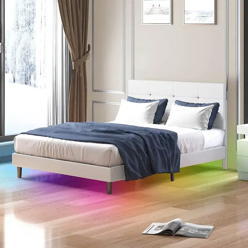 Cadre de lit plateforme LED RVB avec tête de lit capitonnée en PVC touffeté