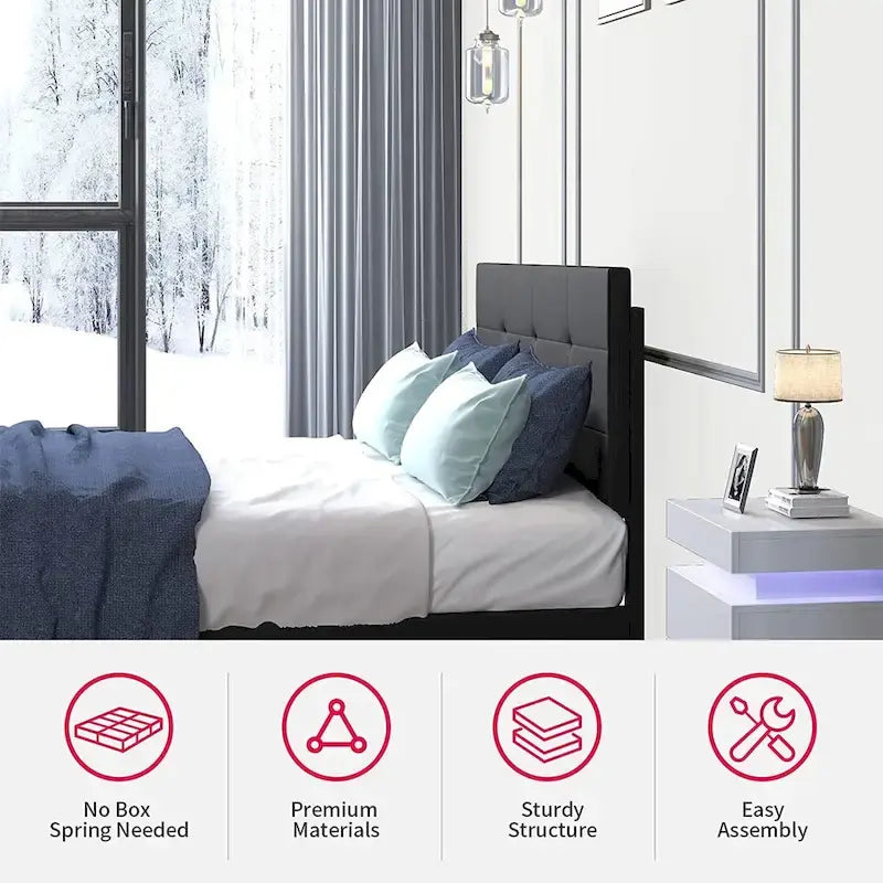 Cadre de lit plateforme LED RVB avec tête de lit capitonnée en PVC touffeté