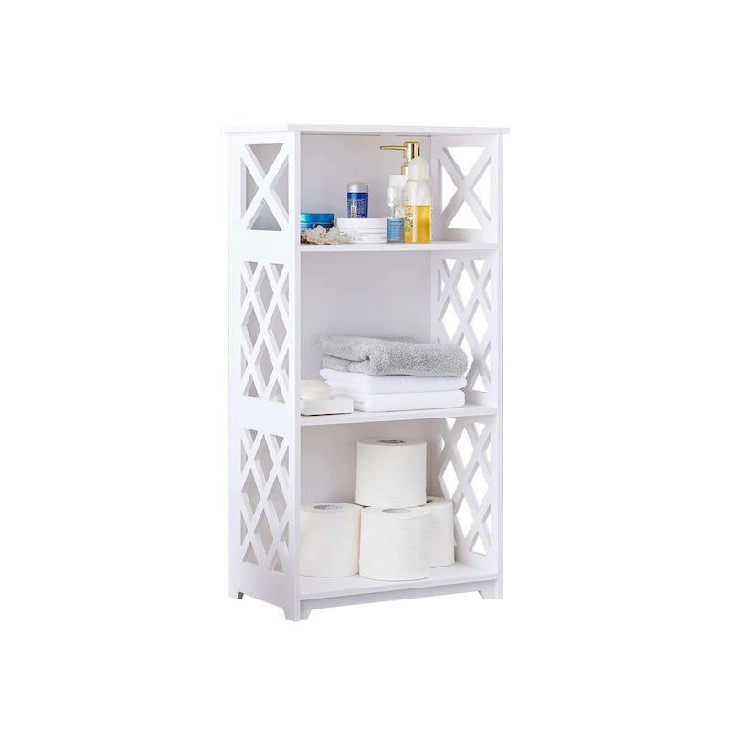 Étagère de rangement ouverte à 3 niveaux avec panneaux latéraux à croisillons, blanche