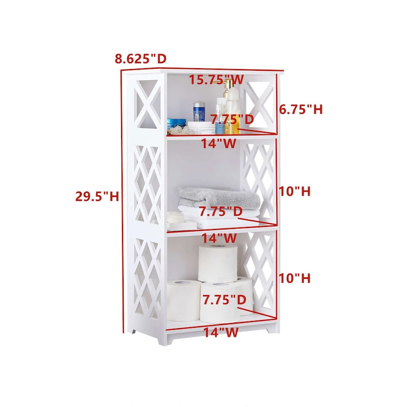 Étagère de rangement ouverte à 3 niveaux avec panneaux latéraux à croisillons, blanche