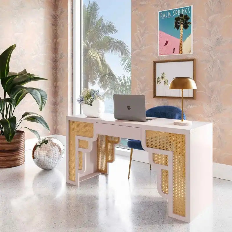 Bureau de style Art Déco en bois crème et rotin à tiroir unique