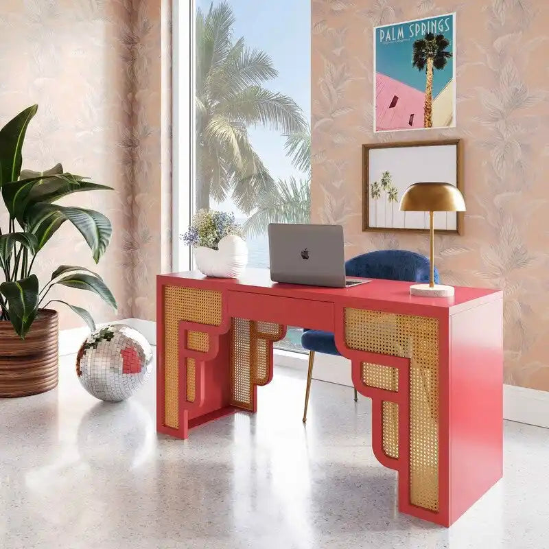 Bureau de style Art Déco en bois crème et rotin à tiroir unique