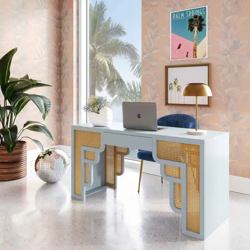 Bureau de style Art Déco en bois crème et rotin à tiroir unique