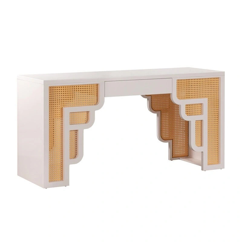 Bureau de style Art Déco en bois crème et rotin à tiroir unique