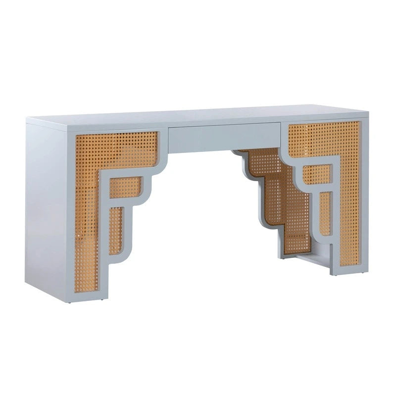 Bureau de style Art Déco en bois crème et rotin à tiroir unique