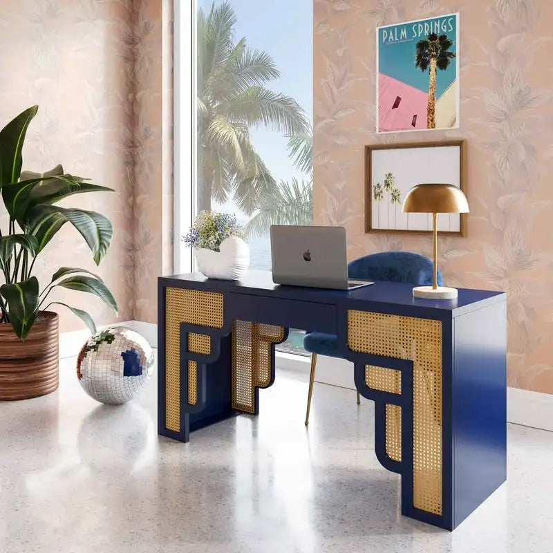 Bureau de style Art Déco en bois crème et rotin à tiroir unique
