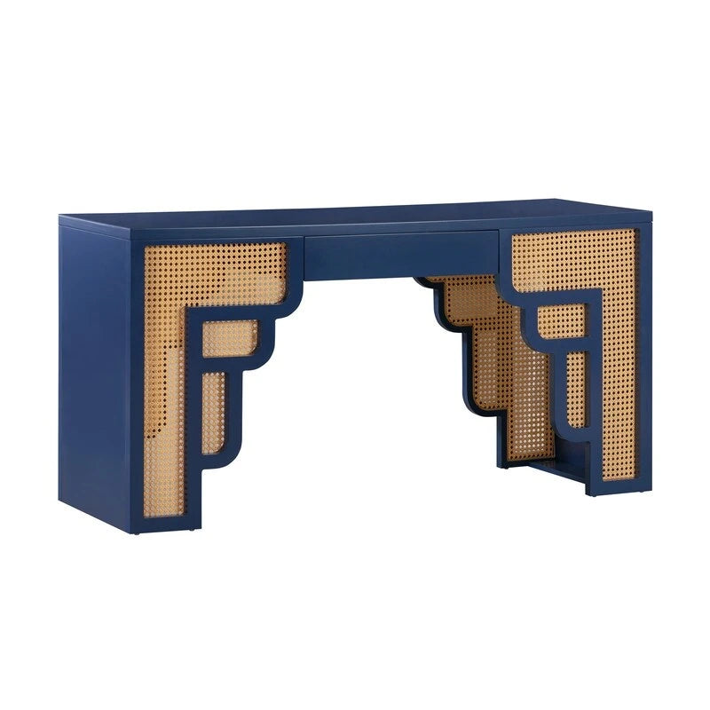 Bureau de style Art Déco en bois crème et rotin à tiroir unique