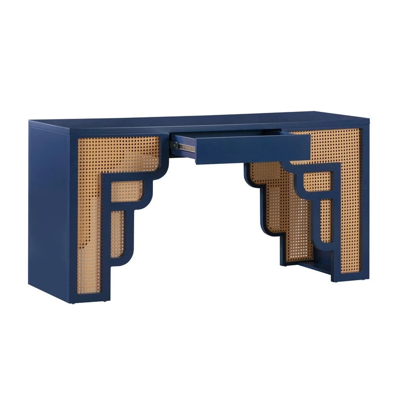 Bureau de style Art Déco en bois crème et rotin à tiroir unique