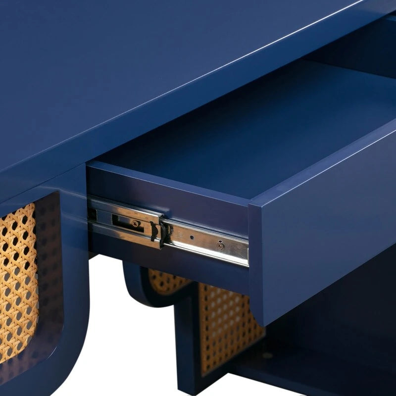 Bureau de style Art Déco en bois crème et rotin à tiroir unique