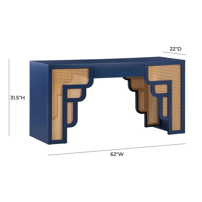 Bureau de style Art Déco en bois crème et rotin à tiroir unique