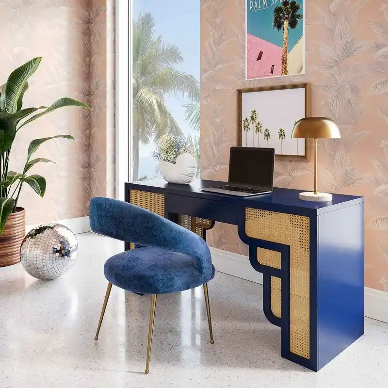 Bureau de style Art Déco en bois crème et rotin à tiroir unique